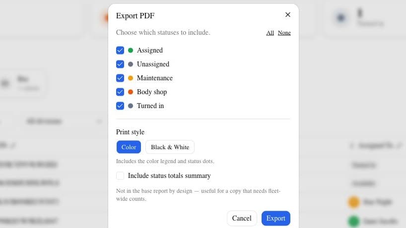The Export PDF dialog, with status selection, print style options, and Export button