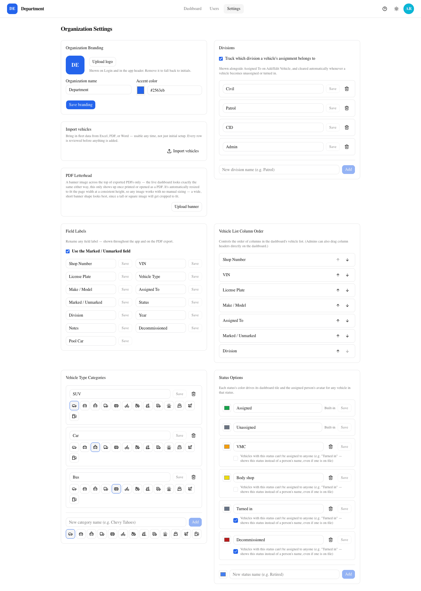 The Organization Settings page, showing renameable Field Labels and a reorderable Vehicle List Column Order