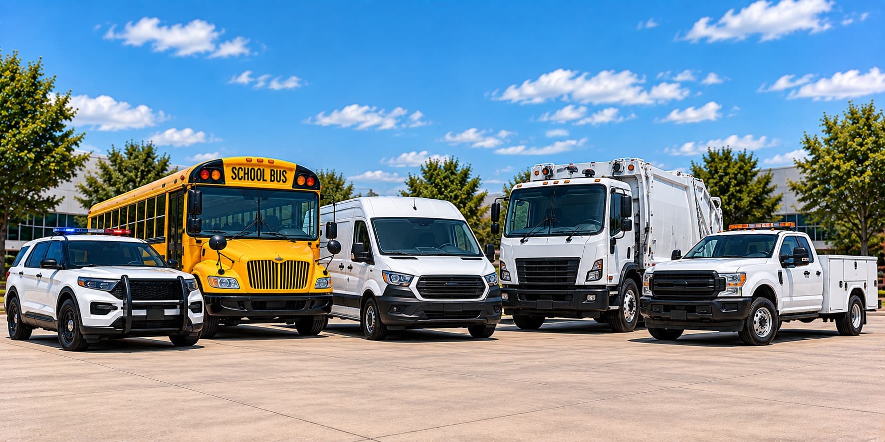 A marked patrol SUV, a school bus, a cargo van, a refuse truck, and a utility pickup lined up together