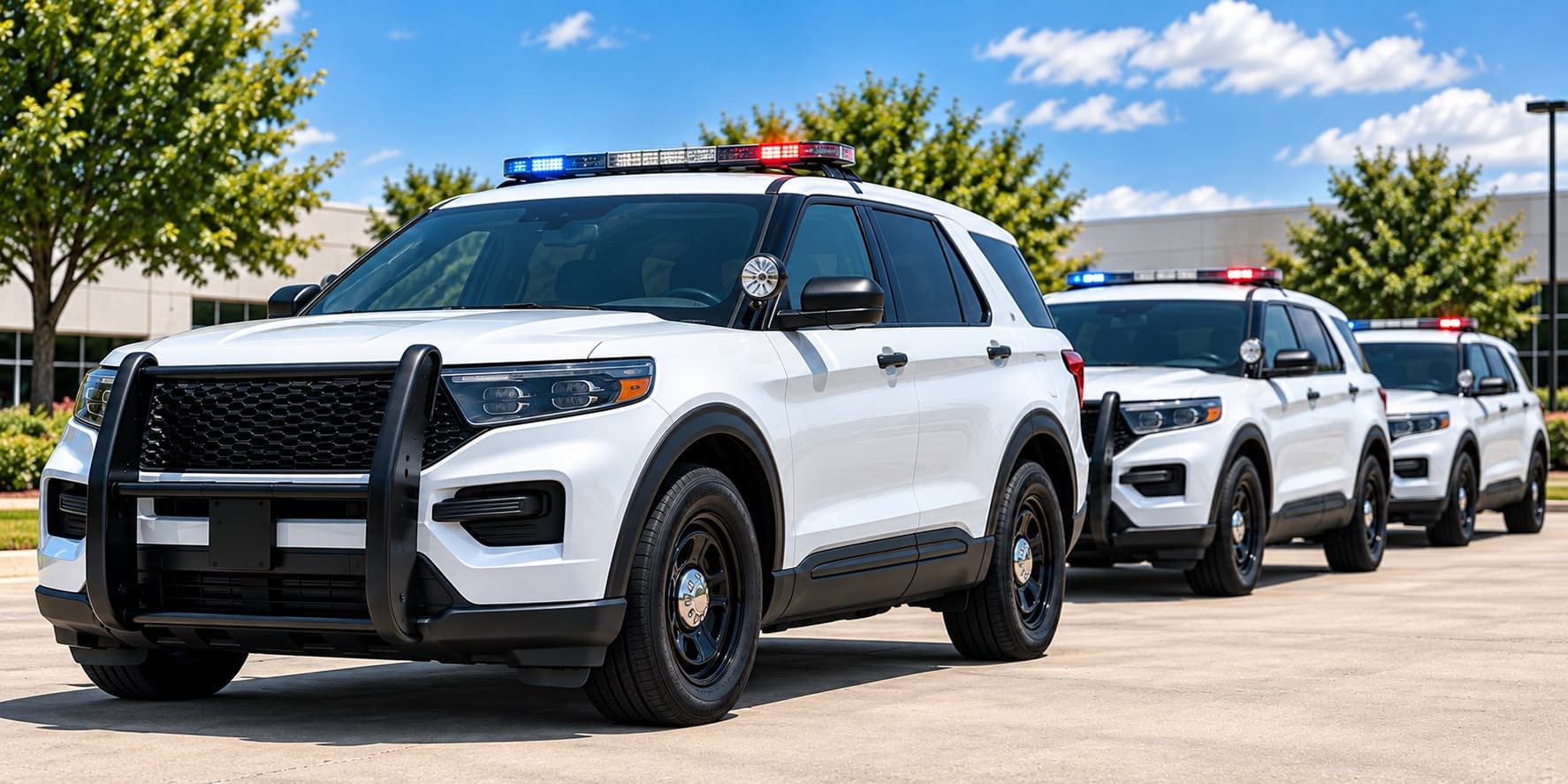 Three marked white law-enforcement SUVs lined up in a lot