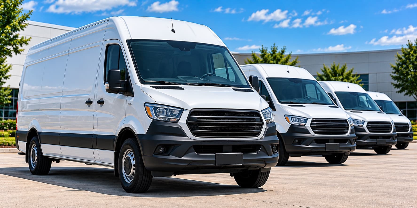 Four white cargo delivery vans lined up in a lot