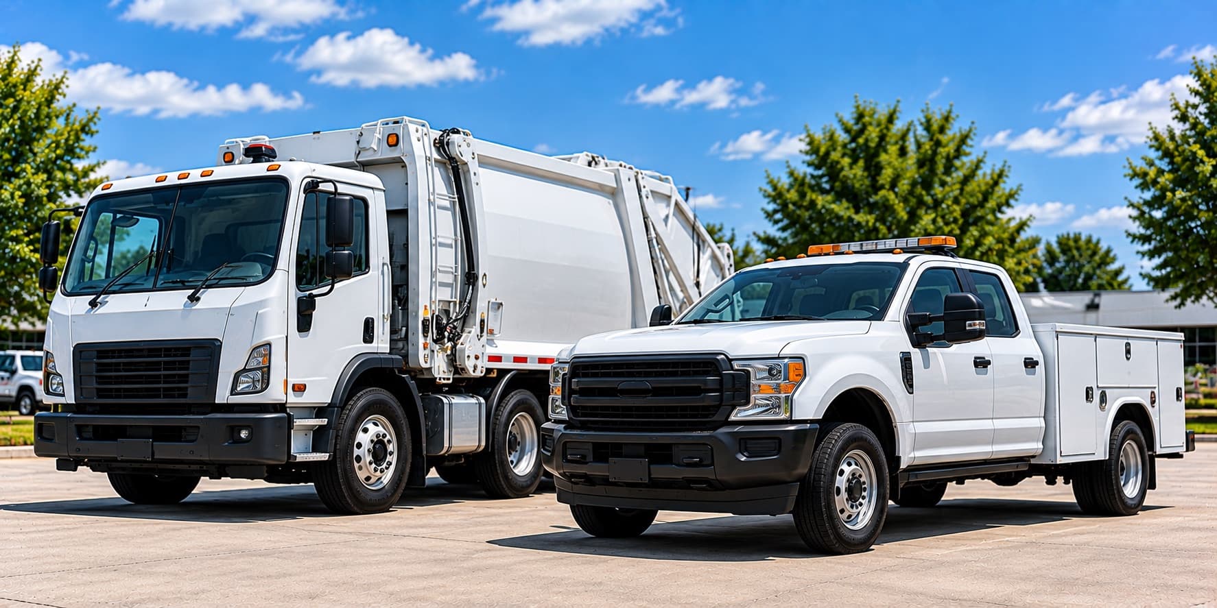 A municipal refuse truck and a utility service pickup truck
