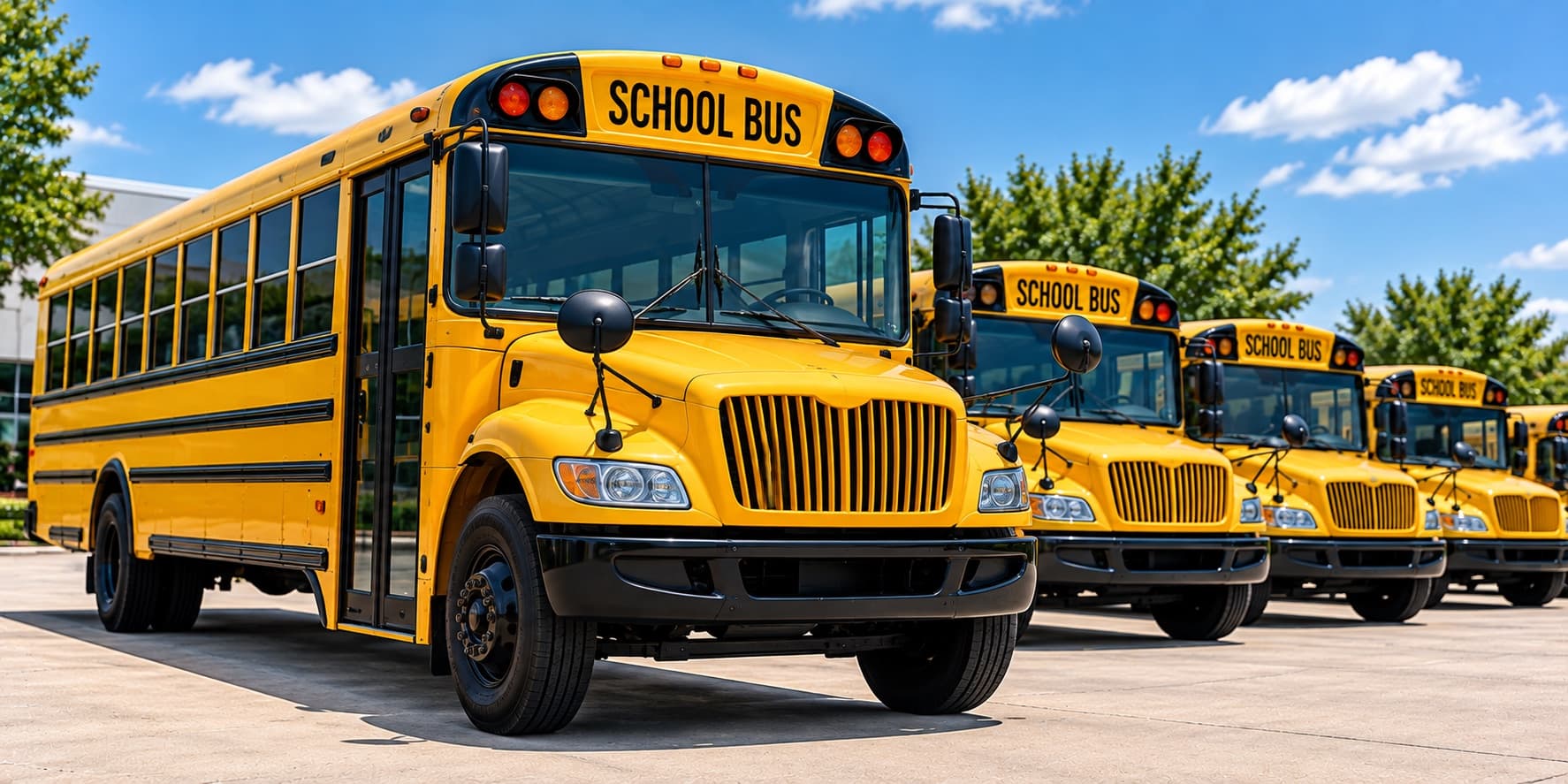 Four yellow school buses lined up in a lot